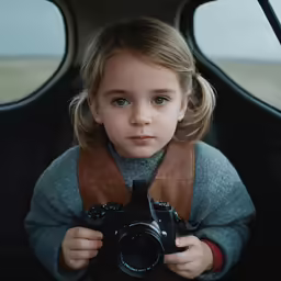 a little girl holding a camera up with an open hood