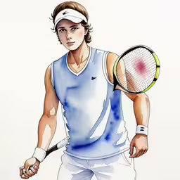 a drawing of a tennis player in white and blue outfit,a man standing on a tennis court holding a tennis racquet,a man holding a tennis racquet wearing a blue shirt,a drawing of a man holding a tennis racket,painting of a man with a tennis racket