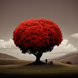 two people standing under a tree with red flowers