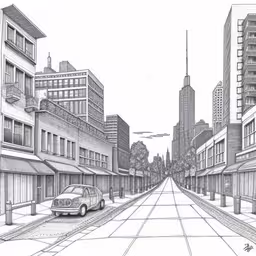 this is a drawing of a city street,a car that is sitting in the middle of a street,there is a car driving down the road by itself,a drawing of the view down an alley,a drawing of a city street with buildings