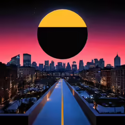 a long street surrounded by tall buildings with a giant object above it