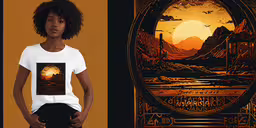 a young black woman standing in front of an ornate painting and the image of a landscape on a t - shirt,a young girl posing in front of a stylized picture
