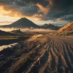 a dirt road near mountains on a cloudy day