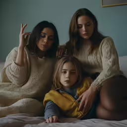two women and one girl sitting on the bed together