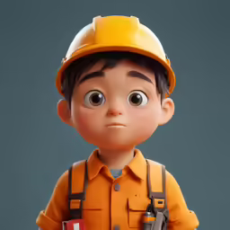 a toy figure in orange shirt and orange hard hat with eyes wide open