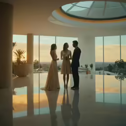 two brides standing next to one another with a large circular window on the right