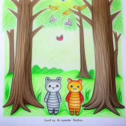 drawing of children in the forest with an owl and bear