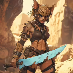 a woman with heavy makeup is holding a sword