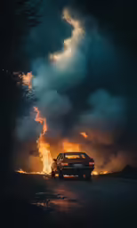 a car driving away from some huge fire