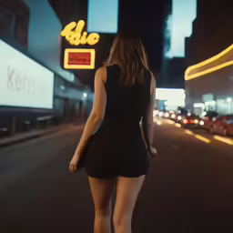 a woman walking down the road at night