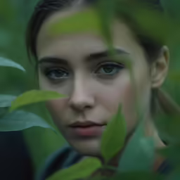 a girl looking in a mirror with leaves around her