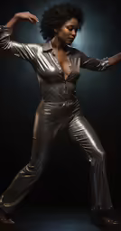 a black woman posing in silver disco style clothing