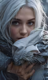 a woman with white hair and feathery shawl