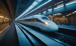 a train at a station near passengers