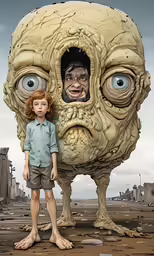 the young child is posing in front of an old, giant object