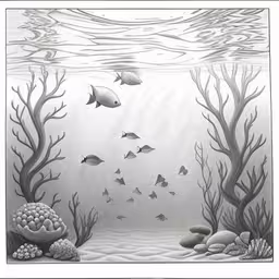 this drawing shows a sea reef, corals, and fish