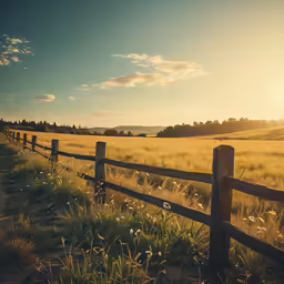 grassy area in front of wooden fence overlooking wheat field