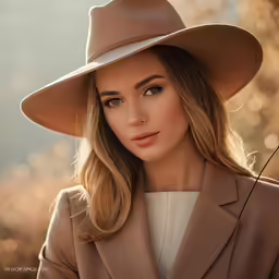 the beautiful lady is wearing a brown hat