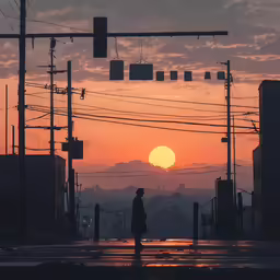 a person standing under an umbrella with the sun setting