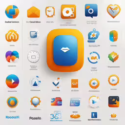 a large collection of different apps on white background,the app icon and a screen with various buttons