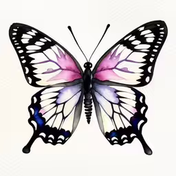 a beautiful butterfly on white with black, pink, and blue colors