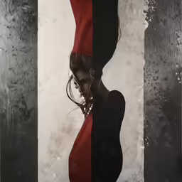 a woman wearing a black and red dress is standing in the water