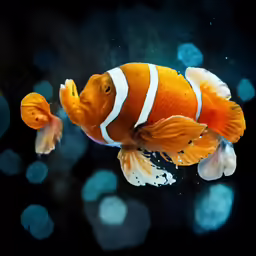 an orange clownfish swimming in the blue water