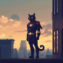 a cat in a superhero costume is standing on a roof