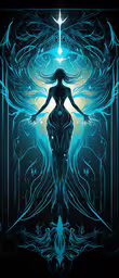 the woman in a long dress stands under a large star, with her hands in her hair,the woman in blue with a star above her head
