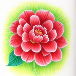 a drawing of a large red flower on white paper,red flowers in green and yellow tones with light rays,a painting with pink flowers on green and white background,a flower is painted on white paper,a red flower with green leaves on a white background