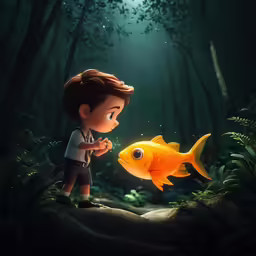 a little boy in white shirt looking at a fish