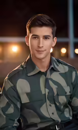 a man wearing a camo shirt smiles at the camera