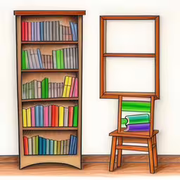 a drawing of a bookshelf next to an empty chair