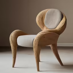 a chair made out of wood with a curved seat