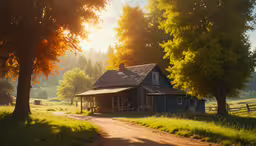 a blue building is standing in front of trees and grass,small rural country home on a farm in the sunlight