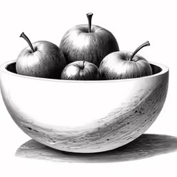 a drawing of three apples in a bowl