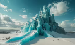 a frozen mountain with a ice formations in the snow