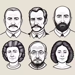 a portrait set of six different people with hair and beards,a set of six different people avatars, from man to woman,different facial expressions are shown on the faces of people in various types of heads,a set of illustrations depicting the facial expressions of old people,five heads of men with different beards