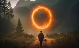 a person walking with two luggage bags while a ring of fire is in the sky above him