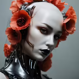 a white head woman with red flowers in her hair