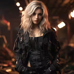 a woman in black jacket posing for a photo,a woman in leather is holding her hands in her pockets