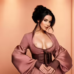 a woman posing in an elegant pink dress