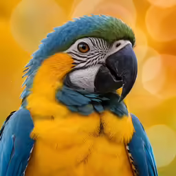 a very colorful and exotic looking bird sitting in front of some blurry yellow circles