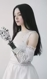 an asian girl wearing gloves is posing for the camera