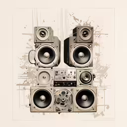 multiple speaker art work on white paper