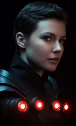 a woman wearing a futuristic suit with three red lights in her hands