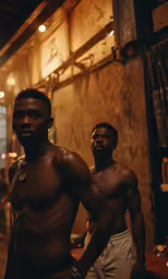 two black men standing next to each other in a room