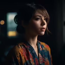 a woman is standing in the dark wearing an oriental dress