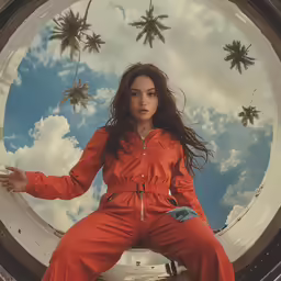 a woman in an orange jumpsuit posing in front of a photo