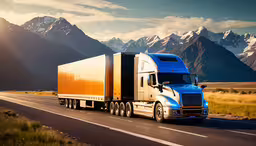 blue and gold semi truck traveling down the road,blue semi trailer truck driving down the road